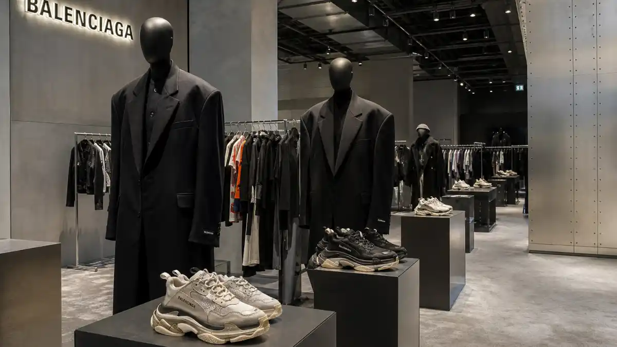 Balenciaga boutique interior with oversized black tailoring on mannequins and Triple S sneakers on pedestals illustrating celebrities who wear Balenciaga red carpet and street style culture