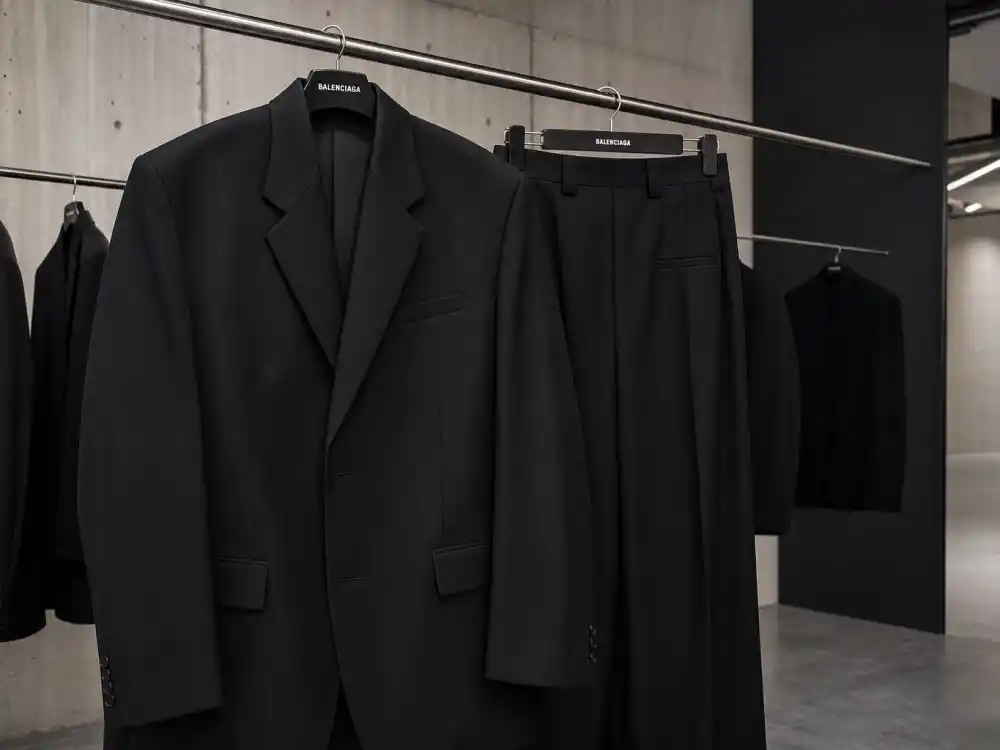 Oversized black Balenciaga blazer and wide-leg trousers on showroom rack showing the sculptural silhouettes celebrities who wear Balenciaga repeat on carpets and paparazzi outings