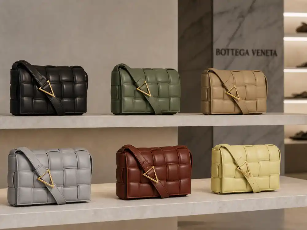 Bottega Veneta Cassette padded crossbody bags in multiple colors on minimalist boutique shelf showing the viral bag code celebrities who wear Bottega Veneta reference in campaign and premiere dressing