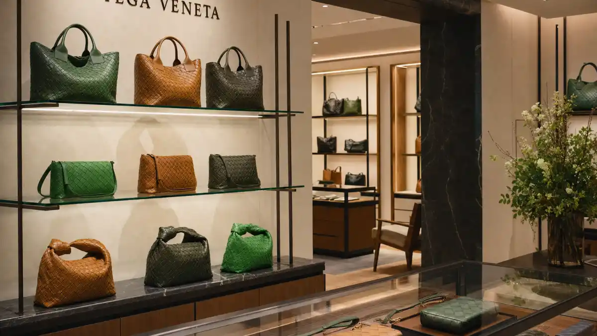 Bottega Veneta boutique interior with intrecciato woven leather handbags and Cassette bags on glass shelves illustrating celebrities who wear Bottega Veneta quiet luxury red carpet and street style culture