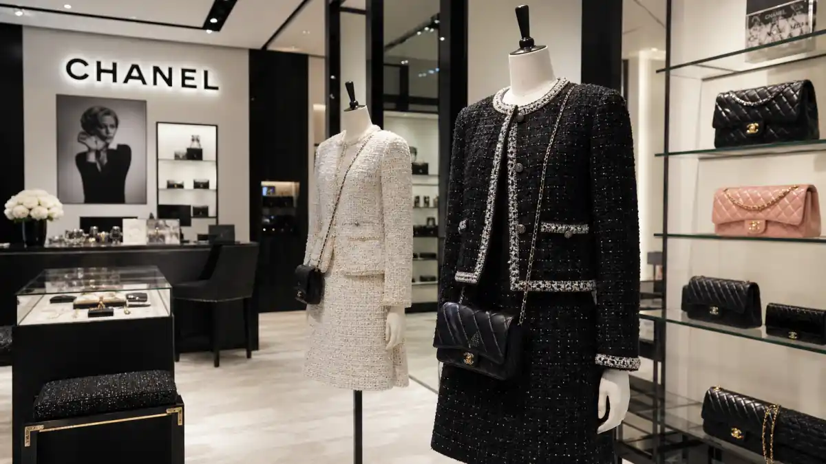 Luxury Chanel boutique interior with tweed jackets on mannequins and quilted handbags illustrating celebrities who wear Chanel red carpet and street style culture