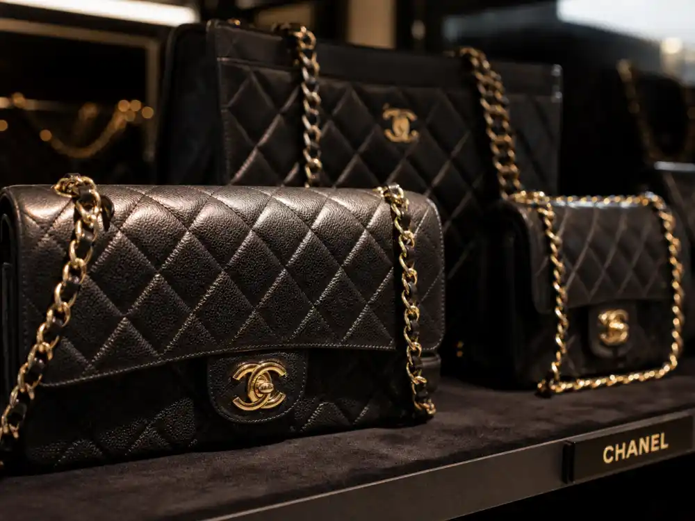 Quilted Chanel handbags on velvet boutique shelf defining the accessory signature celebrities who wear Chanel carry to premieres and paparazzi outings