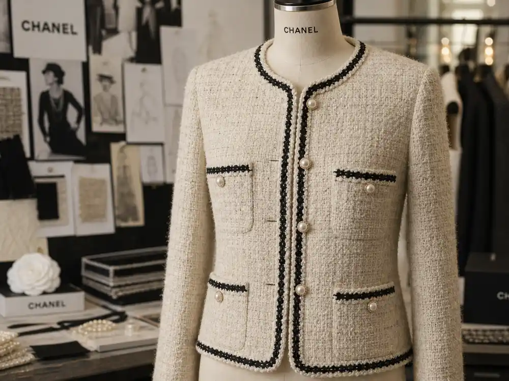 Classic Chanel tweed jacket on dress form showing boucle texture and pearl buttons worn by celebrities who wear Chanel on and off the red carpet