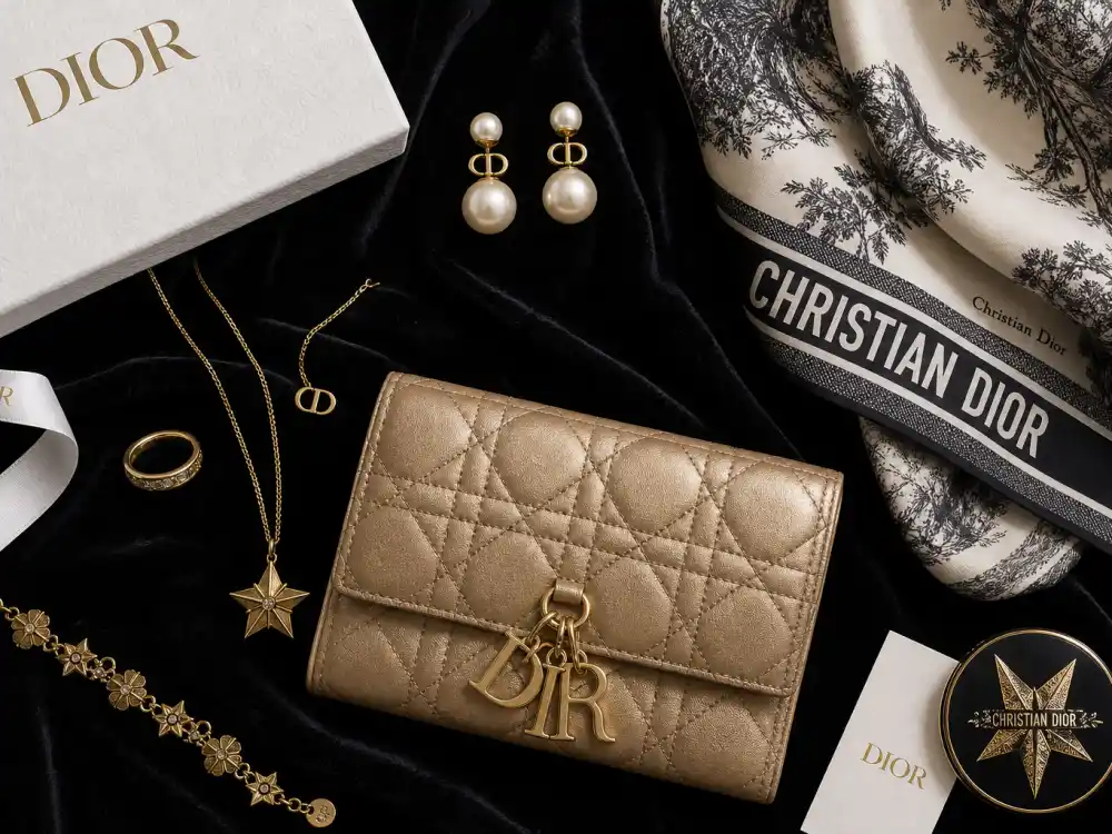 Dior pearl earrings cannage clutch and silk scarf flat lay capturing accessory stacking rules celebrities who wear Dior use when tailoring alone cannot carry camera