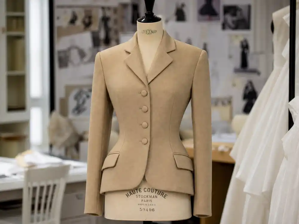 Classic Dior Bar jacket on dress form showing structured New Look tailoring celebrities who wear Dior choose for premieres and Parisian power dressing