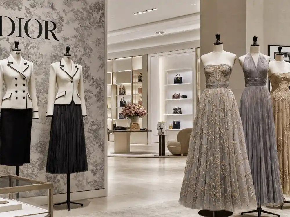 Dior boutique interior with Bar jackets and evening columns on mannequins where celebrities who wear Dior build year-round Parisian couture wardrobes