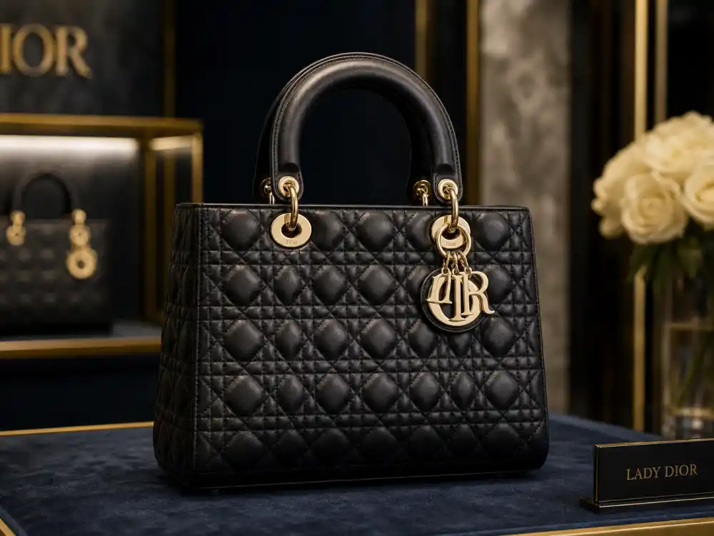 Lady Dior quilted cannage handbag with gold charms defining the accessory code celebrities who wear Dior carry to paparazzi outings and Cannes carpets