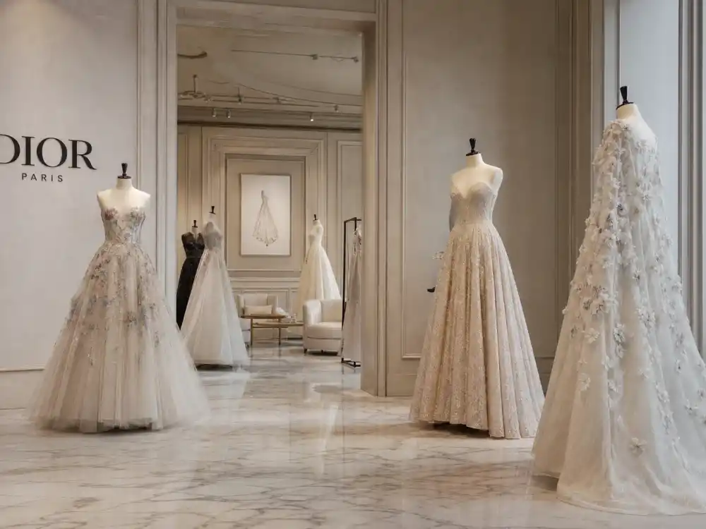 Dior Paris haute couture showroom with tulle gowns on mannequins where celebrities who wear Dior source fittings before fashion month circuits
