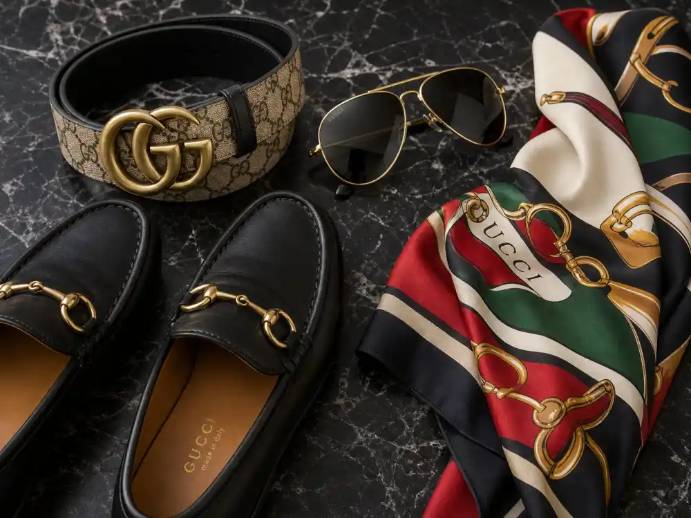 Gucci Horsebit loafers interlocking belt and aviator sunglasses flat lay capturing accessory stacking rules celebrities who wear Gucci layer with tailoring and prints