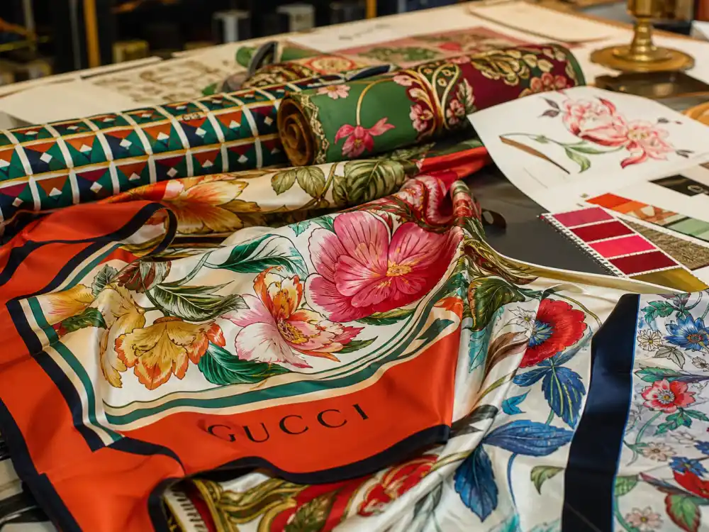 Bold Gucci floral and geometric print fabric rolls in atelier showing the maximalist codes celebrities who wear Gucci repeat on carpets and front rows