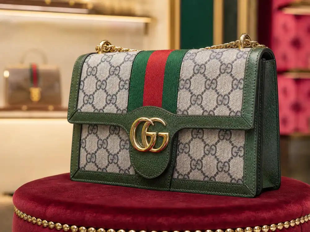 Gucci GG logo monogram handbag on velvet display pedestal defining the accessory signature celebrities who wear Gucci carry to premieres and paparazzi outings
