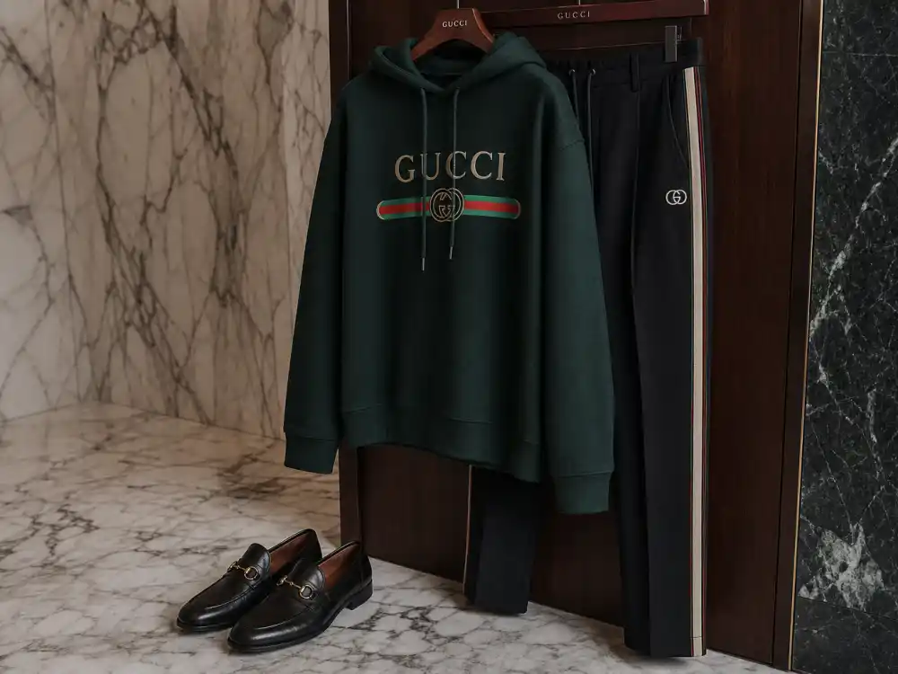 Luxury Gucci streetwear outfit with logo hoodie and Horsebit loafers on hanger showing off-duty dressing codes celebrities who wear Gucci use between premieres