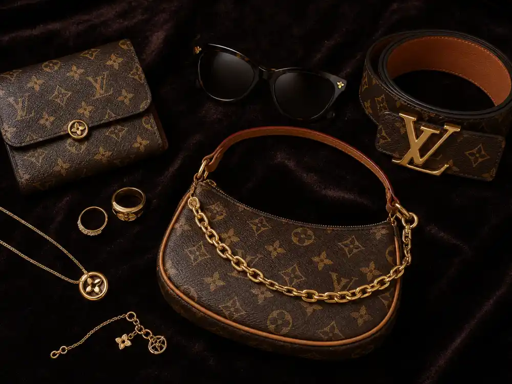 Louis Vuitton monogram wallet sunglasses belt and handbag flat lay capturing accessory stacking rules celebrities who wear Louis Vuitton layer with tailoring and evening columns