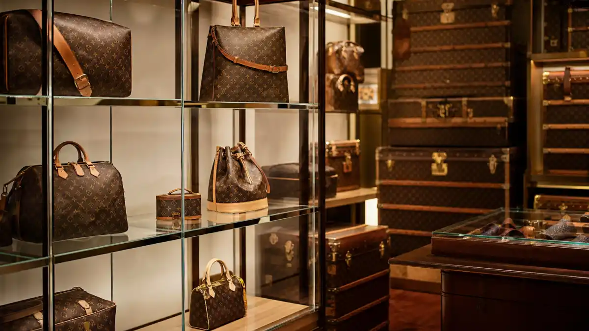 Louis Vuitton boutique interior with monogram canvas handbags on glass shelves and vintage leather trunks illustrating celebrities who wear Louis Vuitton red carpet and travel style culture