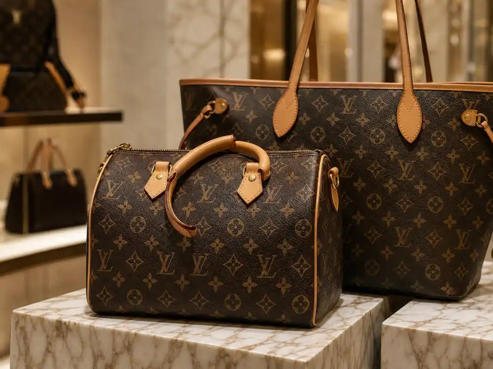 Louis Vuitton monogram Speedy and Neverfull handbags on marble display defining the canvas signature celebrities who wear Louis Vuitton pair with red carpet gowns and airport paparazzi looks