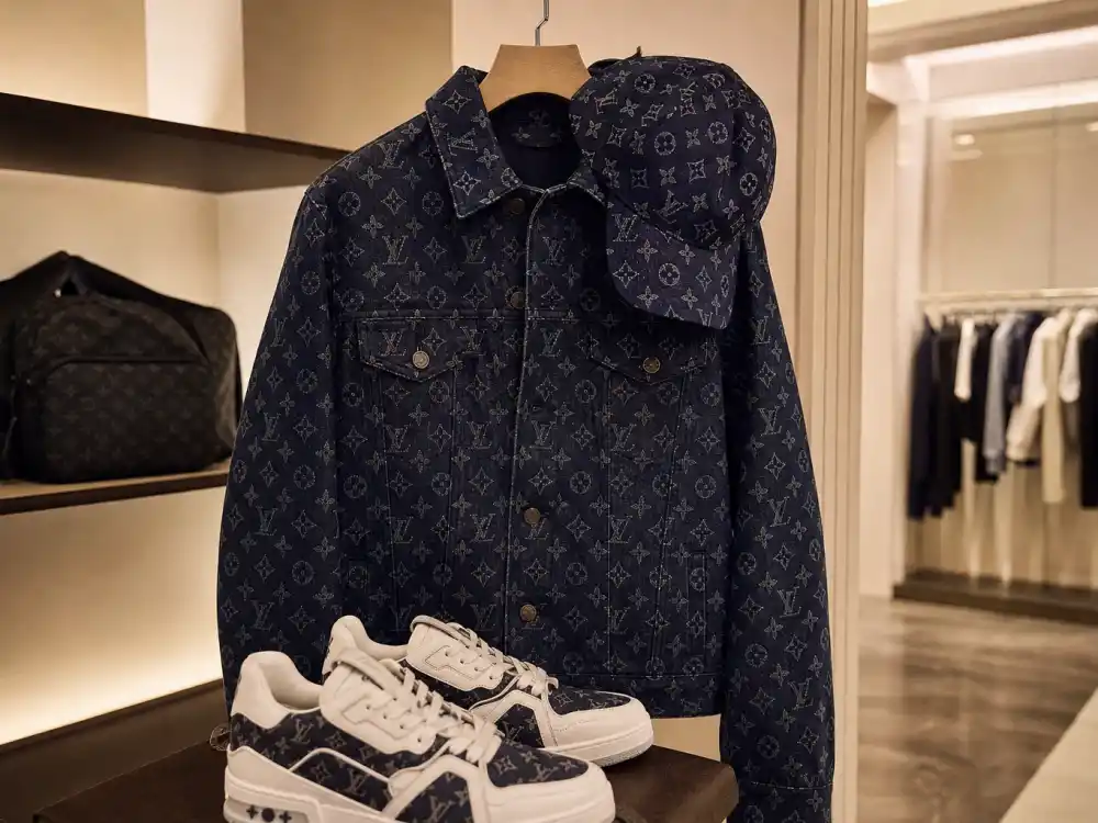 Louis Vuitton monogram denim jacket logo cap and sneakers on hanger showing off-duty dressing codes celebrities who wear Louis Vuitton use between premieres and tour travel