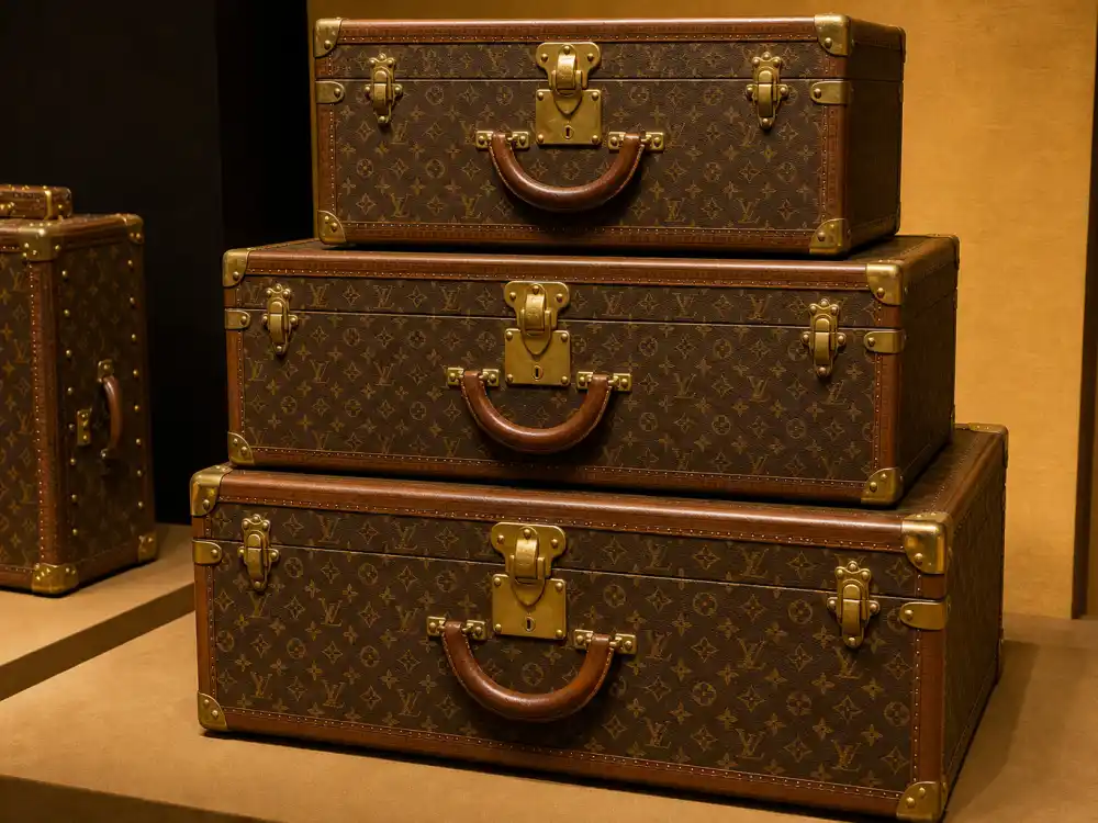 Stacked vintage Louis Vuitton leather travel trunks with brass hardware showing the heritage luggage codes celebrities who wear Louis Vuitton reference in campaign imagery and premiere travel