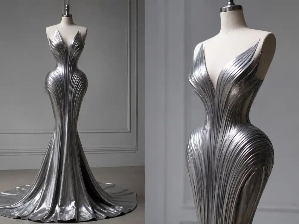 Metallic silver Mugler bodycon gown on dress form showing hourglass proportion celebrities who wear Mugler reference in campaign premieres and music-video styling