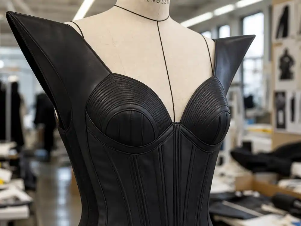 Mugler corset with sharp structured shoulders and boning on dress form defining the sculpted silhouette celebrities who wear Mugler pair with red carpet gowns and paparazzi flash