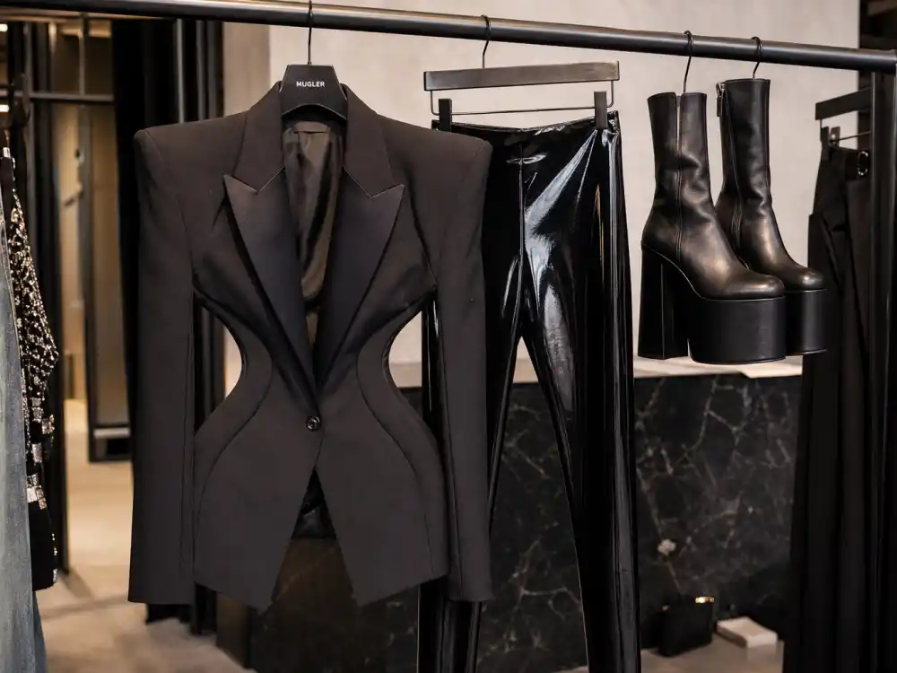 Mugler structured blazer latex leggings and platform boots on hanger showing off-duty dressing codes celebrities who wear Mugler use between premieres and tour travel