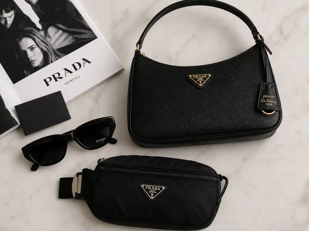 Prada saffiano leather handbag triangle logo sunglasses and black nylon pouch flat lay capturing accessory stacking rules celebrities who wear Prada use when tailoring alone cannot carry camera