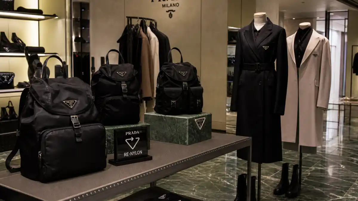 Luxury Prada Milano boutique with black Re-Nylon backpacks and minimalist tailored coats on mannequins illustrating celebrities who wear Prada red carpet and ambassador culture
