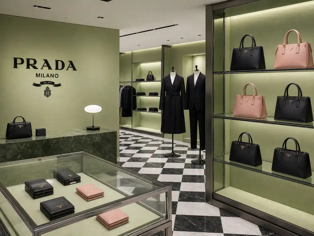 Prada Milano boutique interior with saffiano leather handbags and minimalist tailoring on mannequins where celebrities who wear Prada source fittings before fashion month circuits