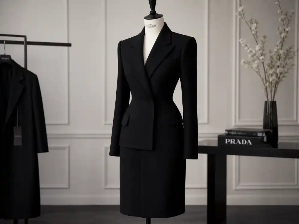 Minimalist Prada tailored black wool coat on dress form showing intellectual Milan silhouettes celebrities who wear Prada choose for premieres and power dressing