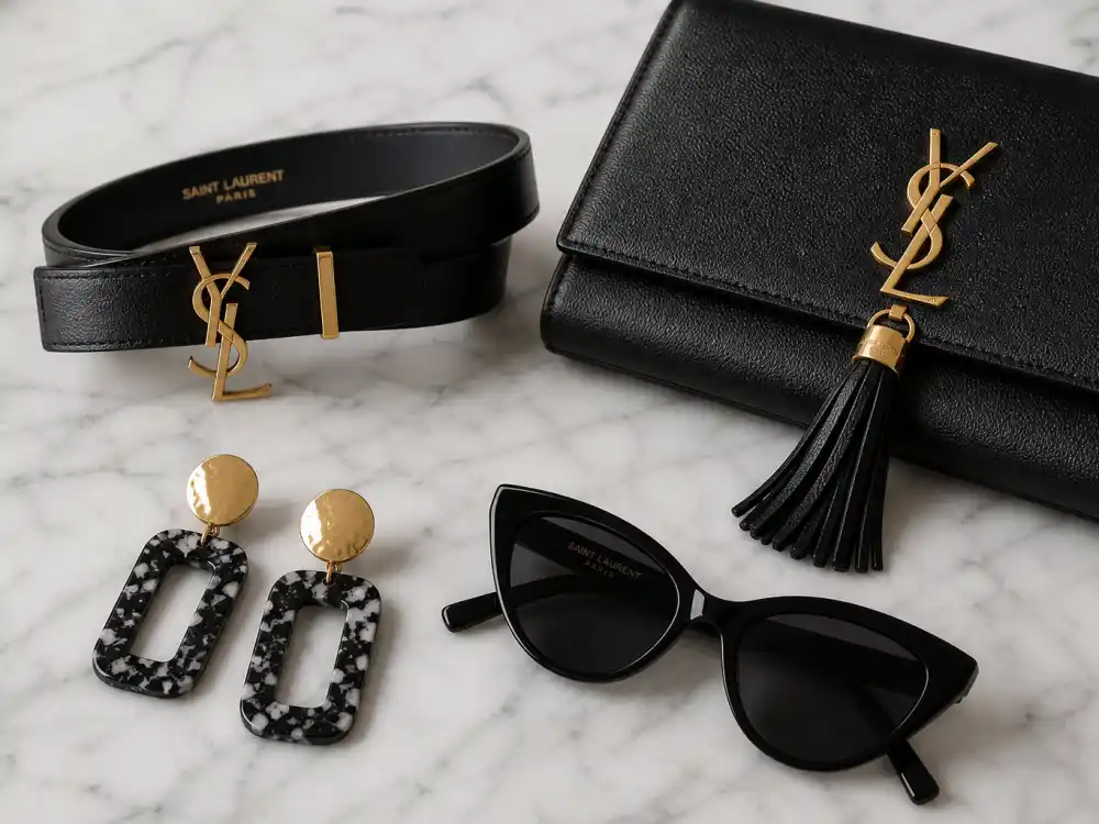 Saint Laurent gold YSL belt black leather clutch and statement earrings flat lay capturing accessory stacking rules celebrities who wear Saint Laurent use when tailoring alone cannot carry camera