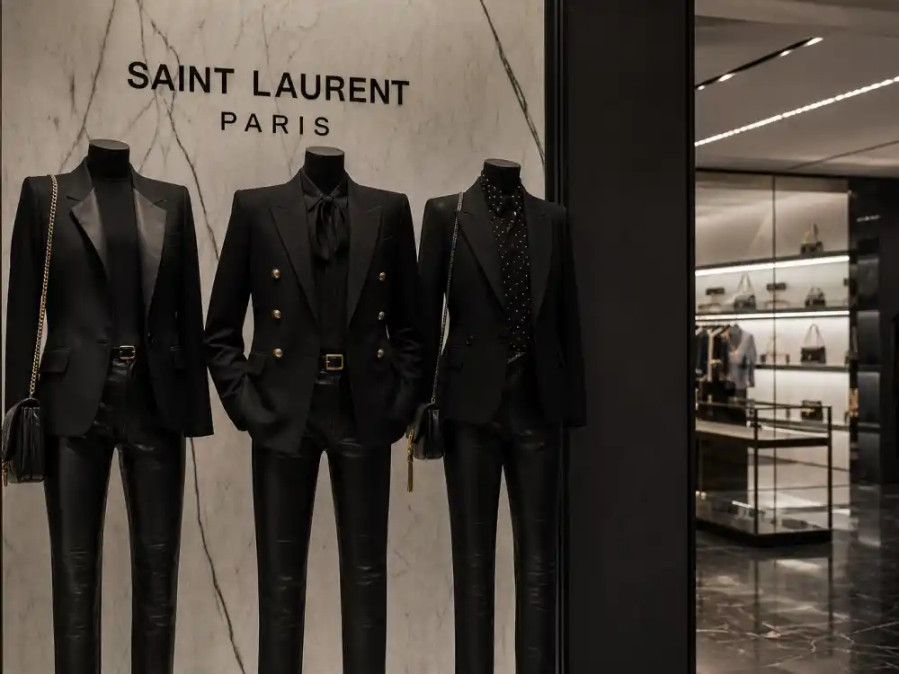 Saint Laurent boutique interior with dramatic black tailored blazers and leather pants on mannequins where celebrities who wear Saint Laurent build year-round Parisian chic wardrobes