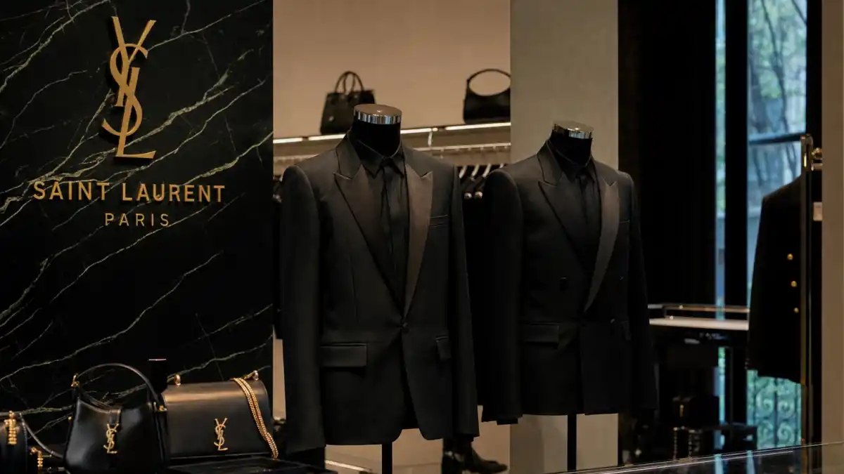 Luxury Saint Laurent Paris boutique interior with Le Smoking tuxedo jackets on mannequins and gold YSL logo illustrating celebrities who wear Saint Laurent red carpet culture