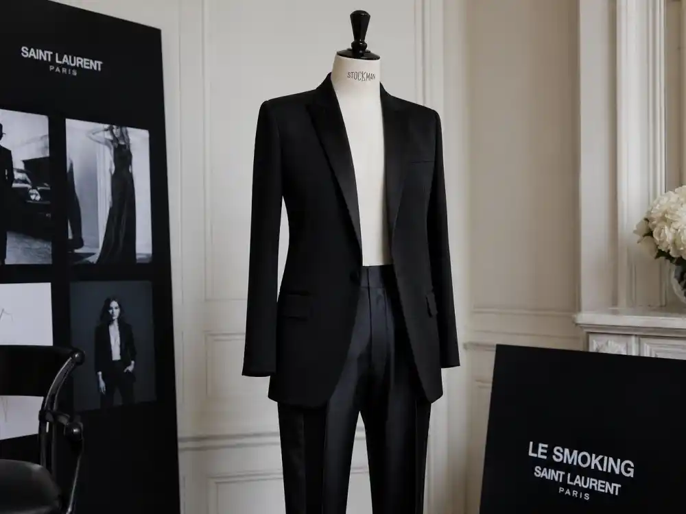 Iconic Saint Laurent Le Smoking black tuxedo on dress form showing sharp tailoring celebrities who wear Saint Laurent choose for premieres and Parisian power dressing