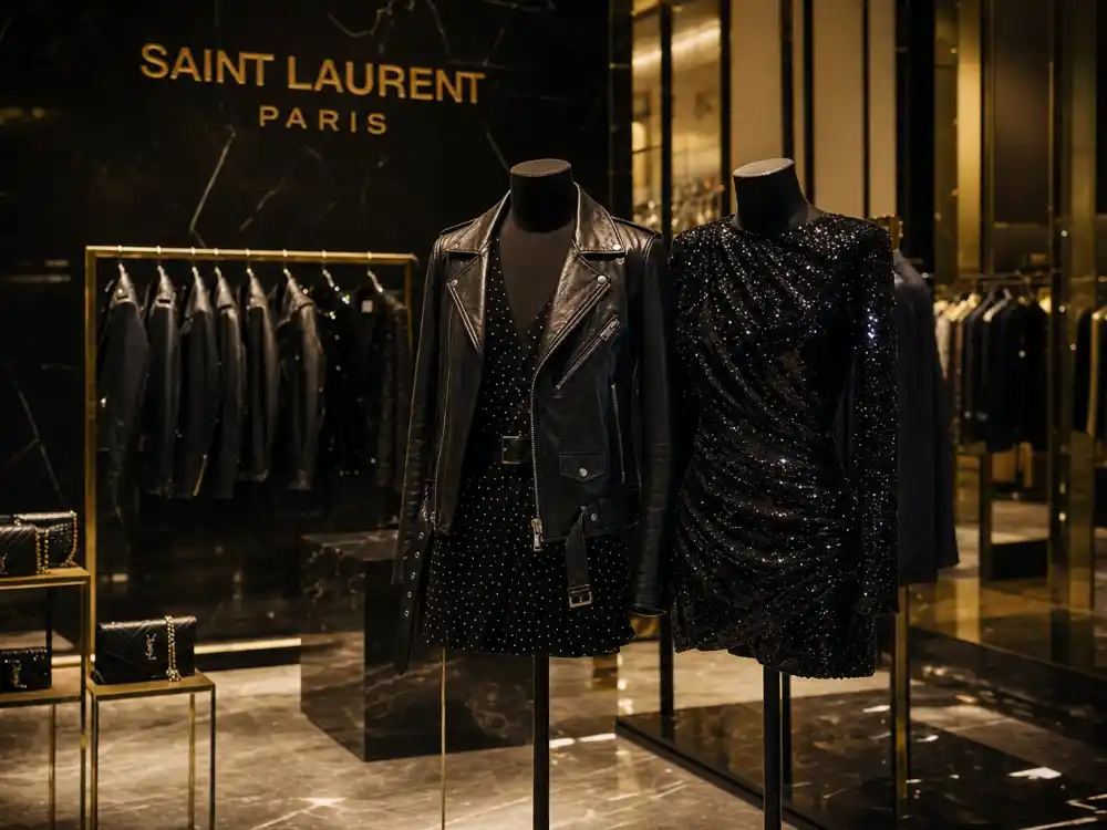 Saint Laurent Paris showroom with black leather jackets and sequin dresses on mannequins where celebrities who wear Saint Laurent source fittings before fashion month circuits