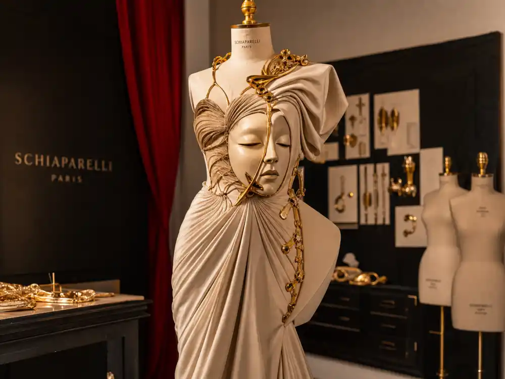 Avant-garde Schiaparelli couture gown with surreal sculptural bodice and gold hardware on dress form showing silhouettes celebrities who wear Schiaparelli choose for tentpole red carpets