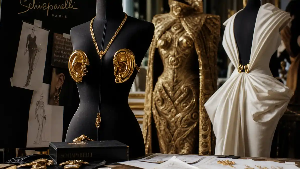 Luxury Schiaparelli Paris couture atelier with surreal gold body jewelry and avant-garde sculptural gowns on dress forms illustrating celebrities who wear Schiaparelli red carpet culture
