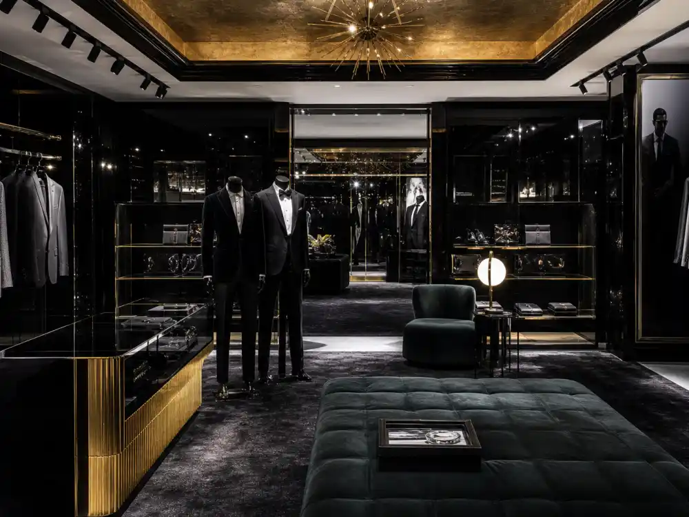 Tom Ford luxury boutique interior with tailored suits on mannequins where celebrities who wear Tom Ford source red carpet commissions