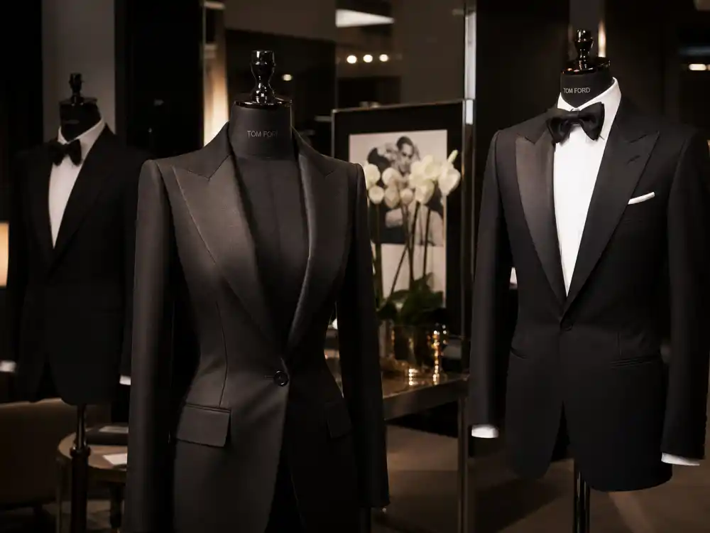 Sharp black tuxedos and structured gowns on dress forms in luxury atelier defining celebrities who wear Tom Ford tailoring vocabulary