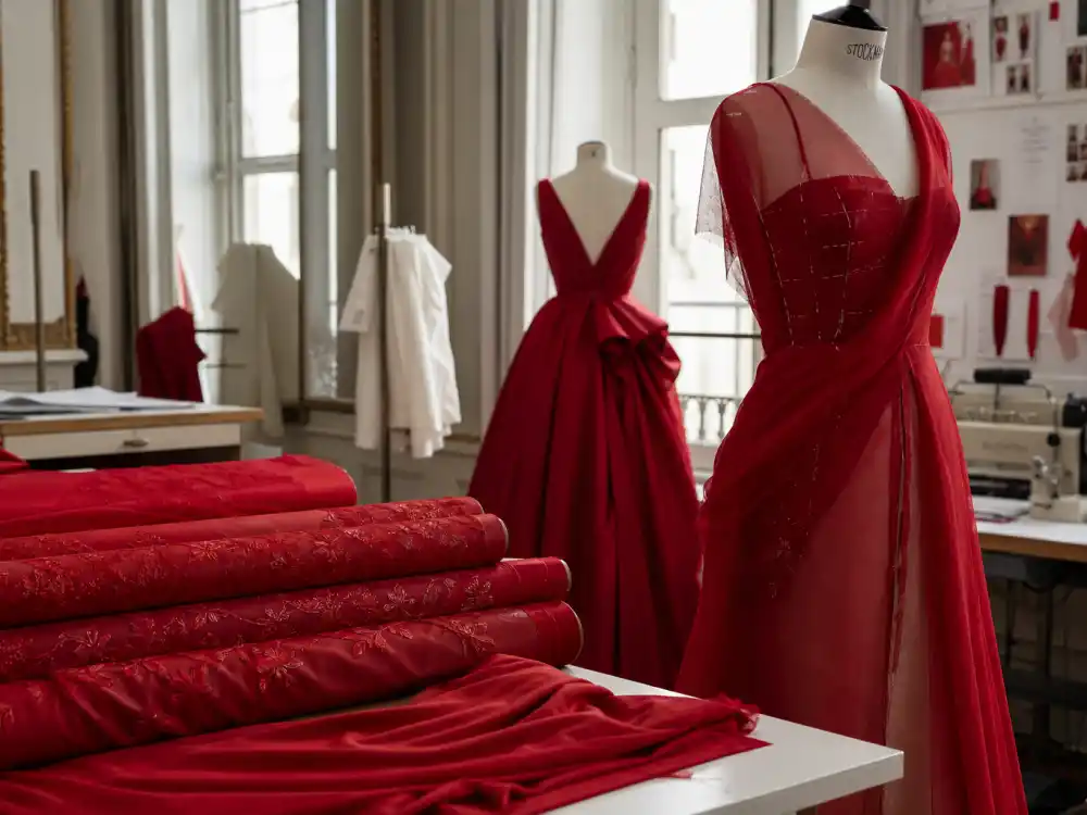 Valentino couture atelier with red silk fabric rolls and dress forms where celebrities who wear Valentino source custom fittings before global fashion weeks