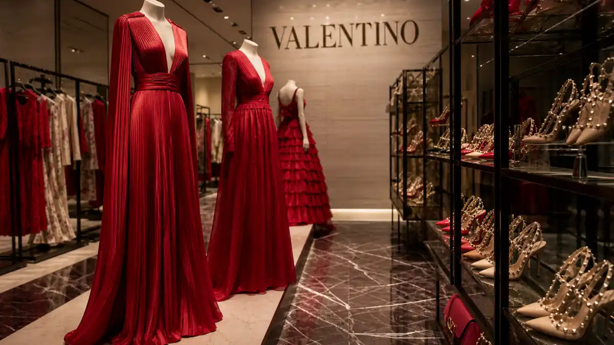 Luxury Valentino boutique interior with red couture gowns on mannequins and Rockstud heels on glass shelves illustrating celebrities who wear Valentino red carpet and street style culture