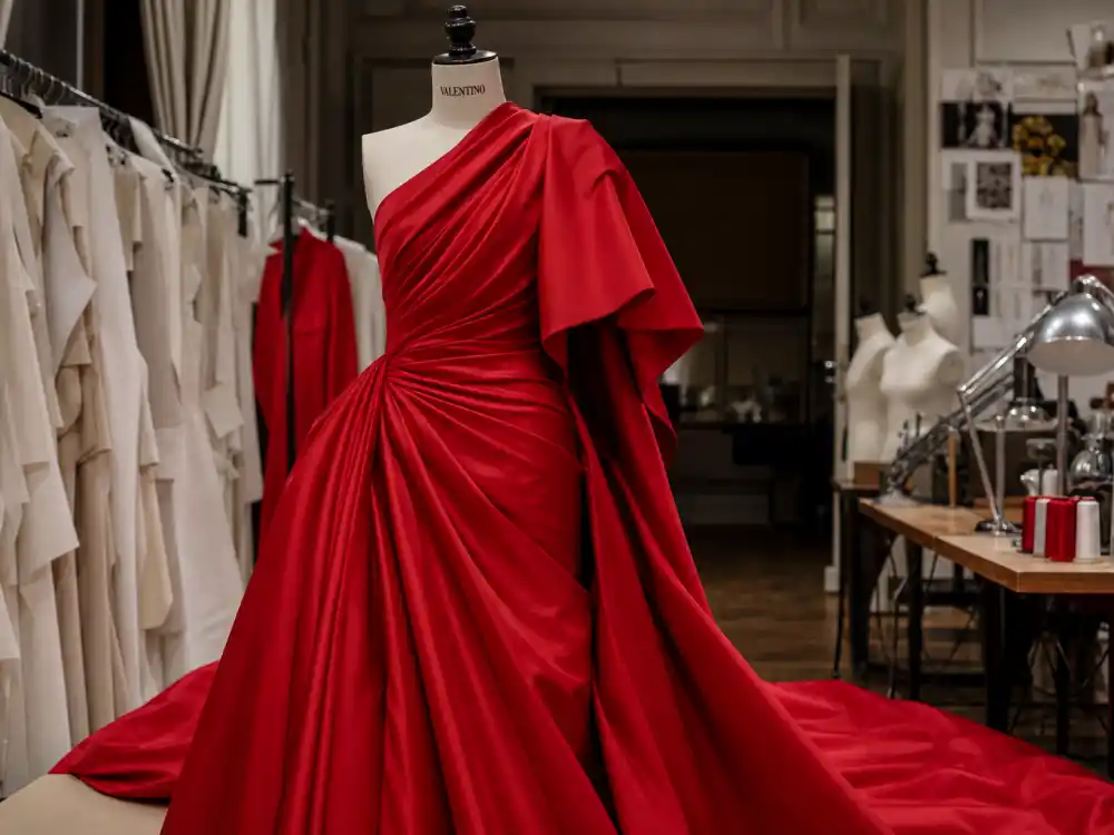 Dramatic red Valentino couture evening gown on dress form showing silk draping worn by celebrities who wear Valentino at premieres and awards shows worldwide