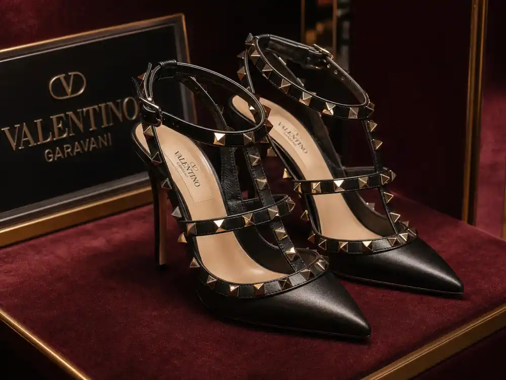 Valentino Rockstud stiletto heels on velvet boutique shelf defining the accessory signature celebrities who wear Valentino pair with red carpet gowns and off-duty looks