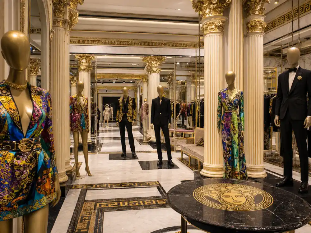 Milan luxury showroom with gold baroque columns and print dresses on mannequins where celebrities who wear Versace source couture fittings before fashion month circuits