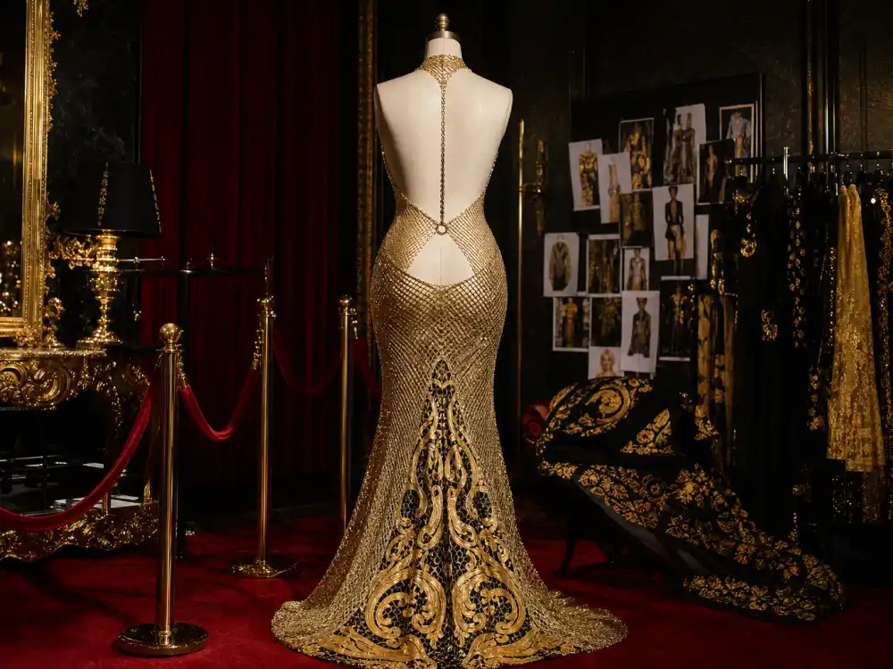 Gold chain mesh evening dress on dress form showing Versace construction celebrities who wear Versace choose for awards shows and Met Gala flash photography