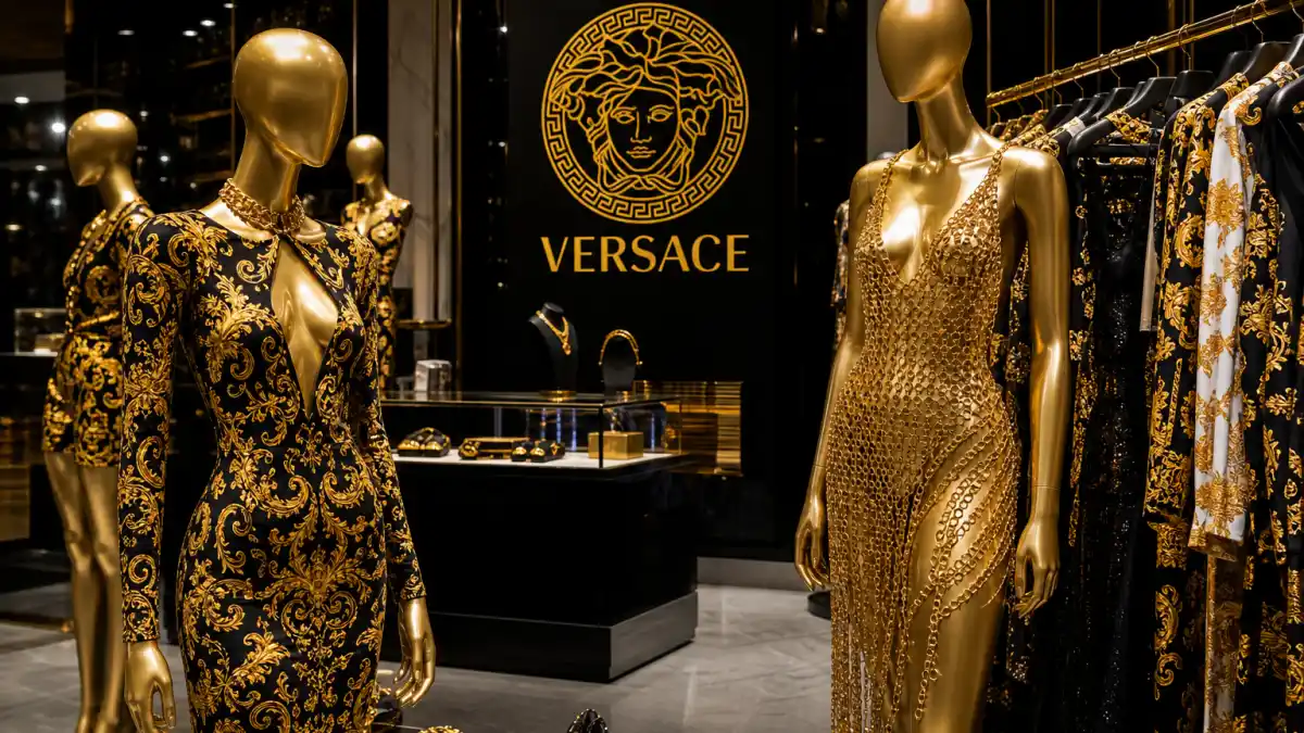Luxury Versace boutique interior with gold Medusa logo mannequins in baroque print gowns and gold chain mesh dresses illustrating celebrities who wear Versace red carpet culture
