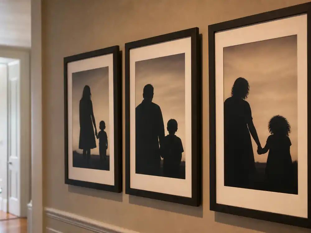 Family silhouette collage on gallery wall for celebrity adoption stories inspiring list chosen-family editorial without identifiable faces
