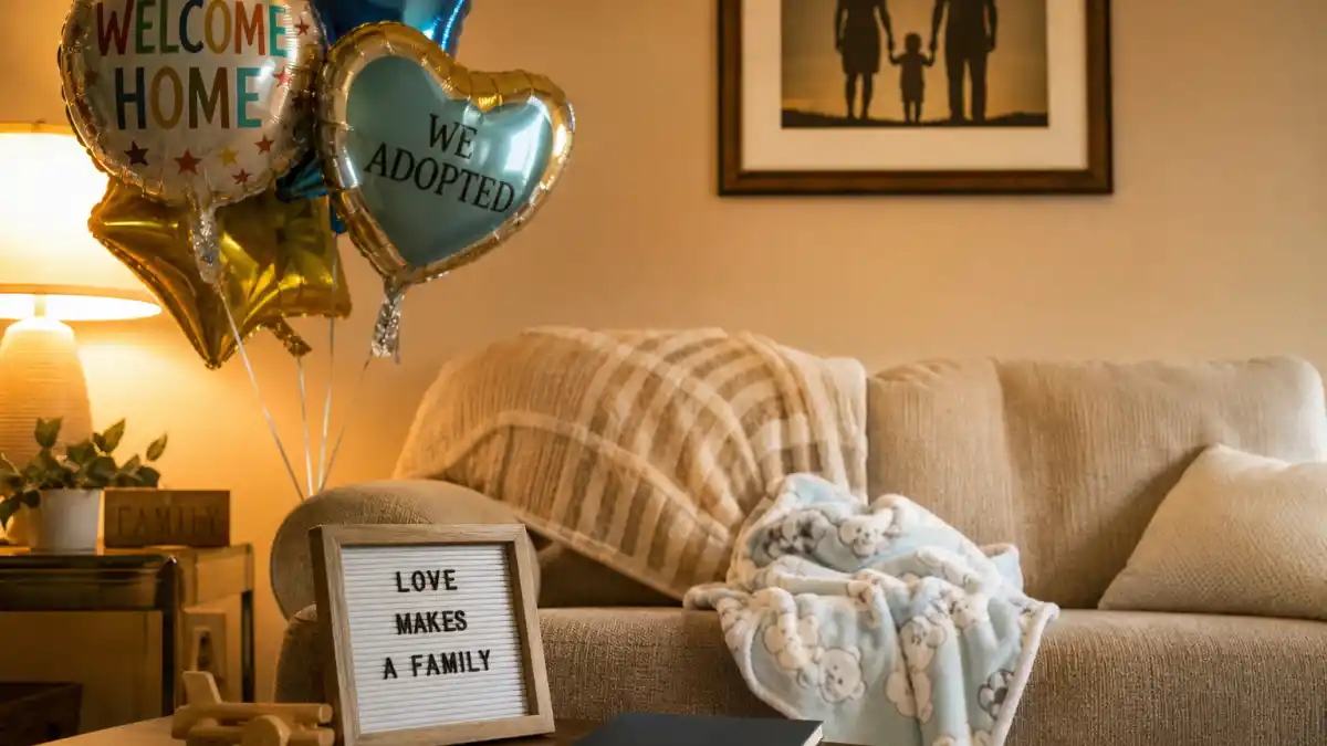 Celebrity adoption stories inspiring list welcome-home celebration with balloons and family silhouette art without identifiable faces