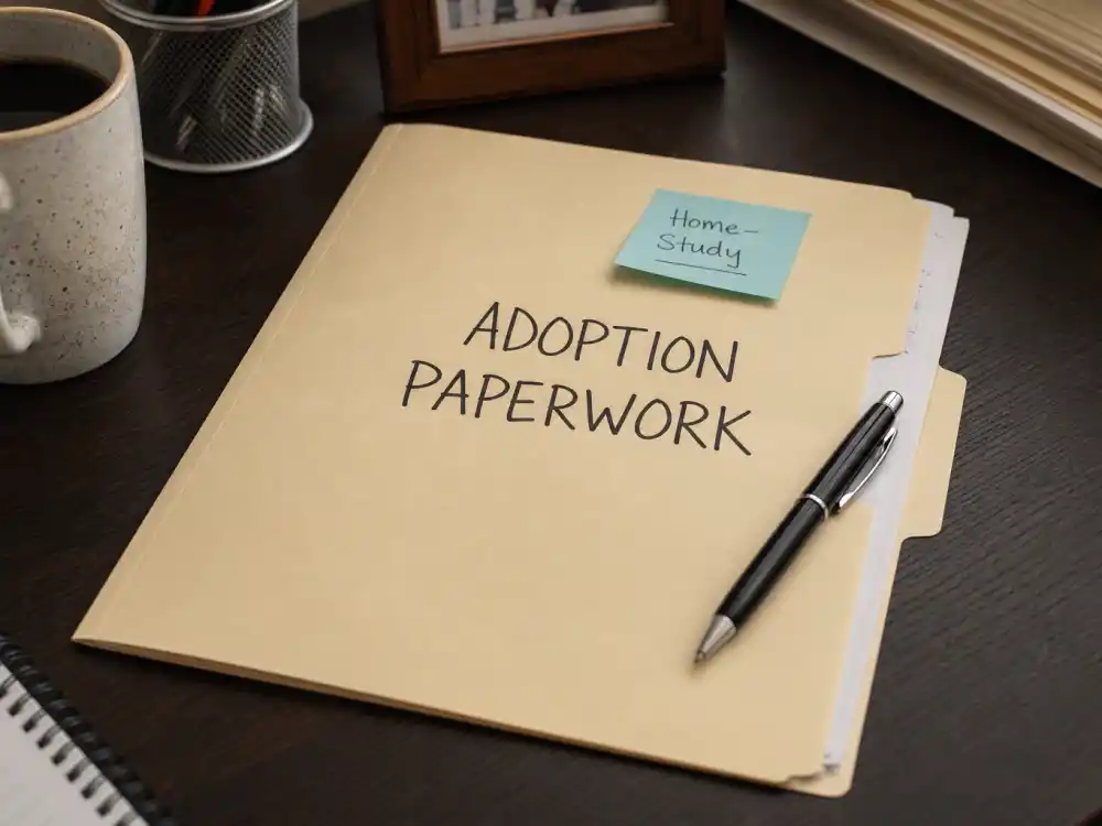 Adoption home-study paperwork folder for celebrity adoption stories inspiring list verification editorial without identifiable faces