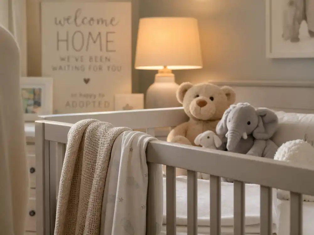 Welcome-home nursery with neutral crib for celebrity adoption stories inspiring list editorial without identifiable faces