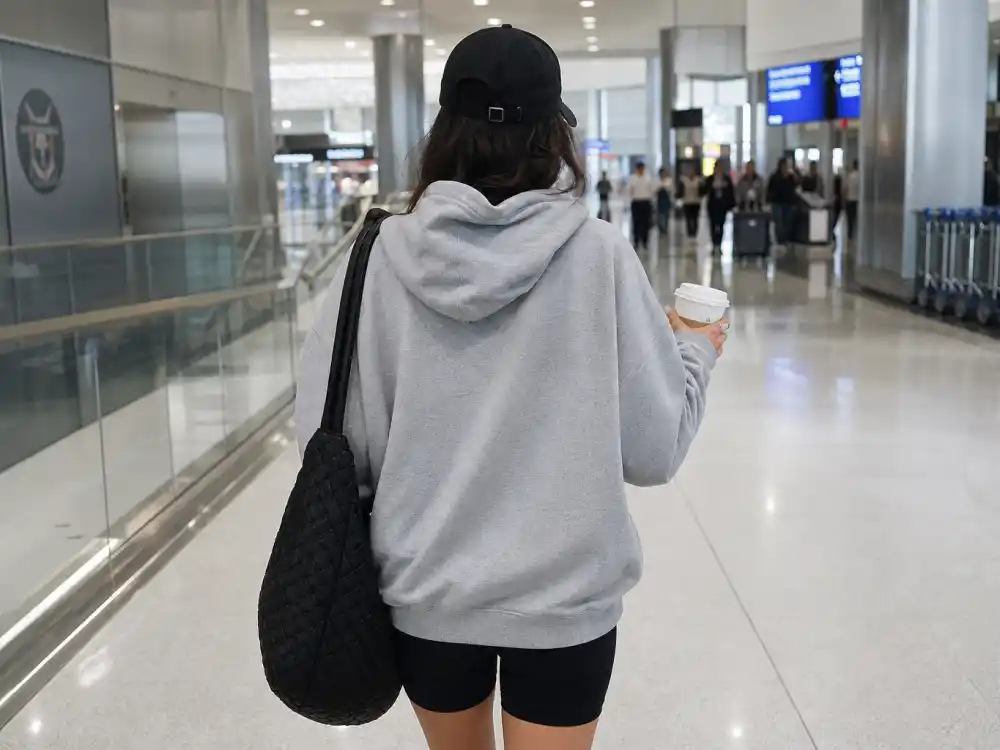 Oversized grey hoodie and biker shorts rotation within celebrity airport fashion street style athleisure travel dressing