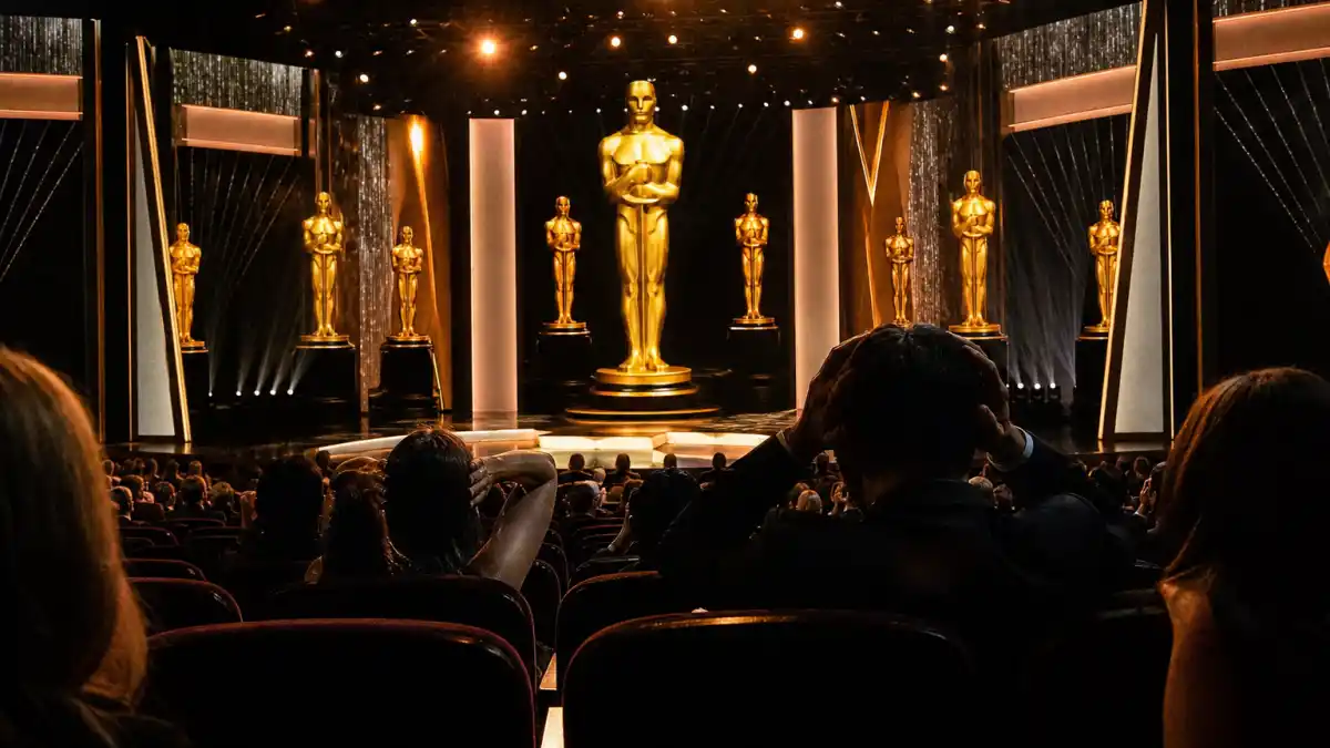Celebrity award show snubs controversial — shocked awards theatre audience silhouettes watching a surprise winner announced on stage under golden spotlights